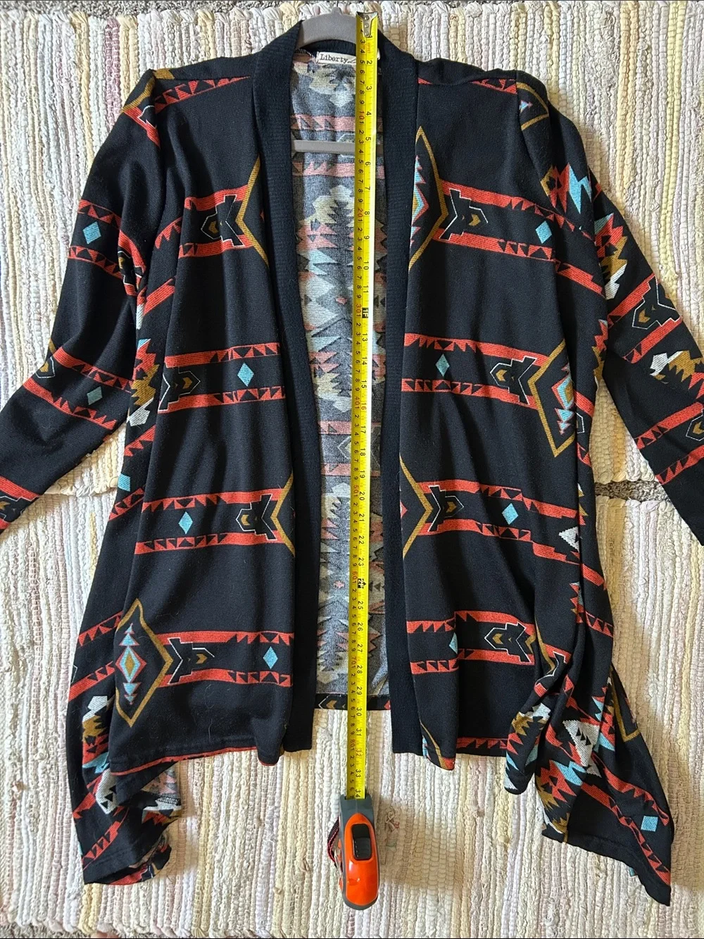 Liberty Love Southwestern Aztec Print Waterfall Cardigan Black Large